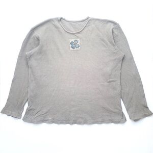 Vintage Y2K Distressed Fairy Grunge Flower Patch Waffle Knit Grey Thermal Top M